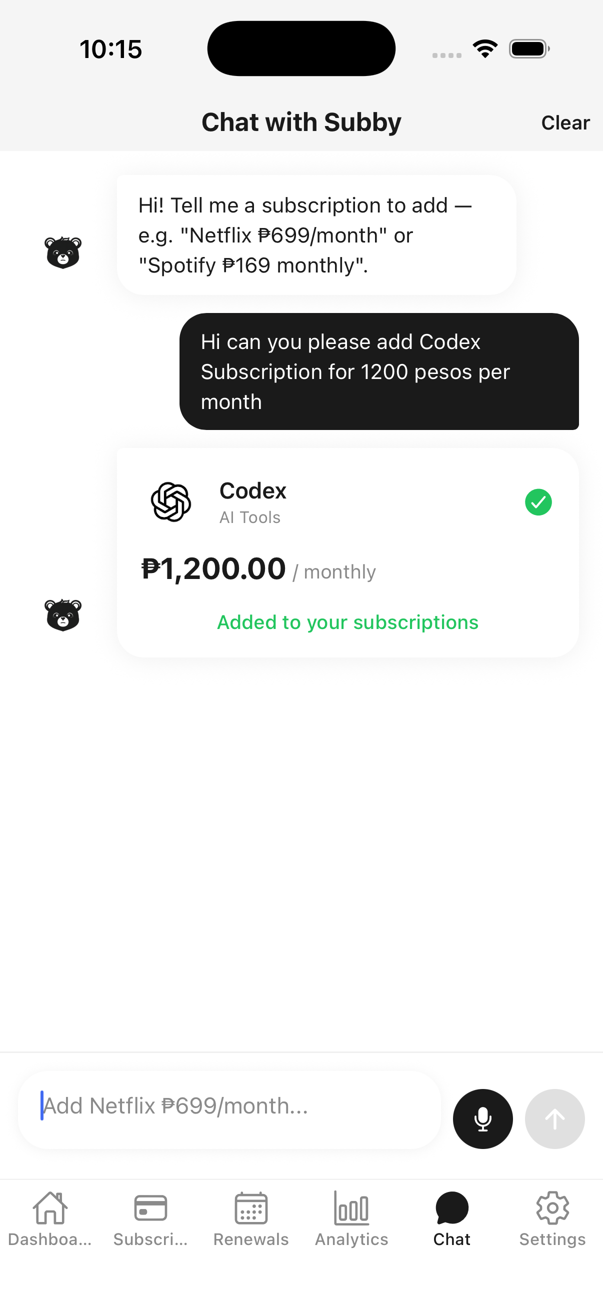 Chat with Subby, an in-app assistant that adds subscriptions from a sentence